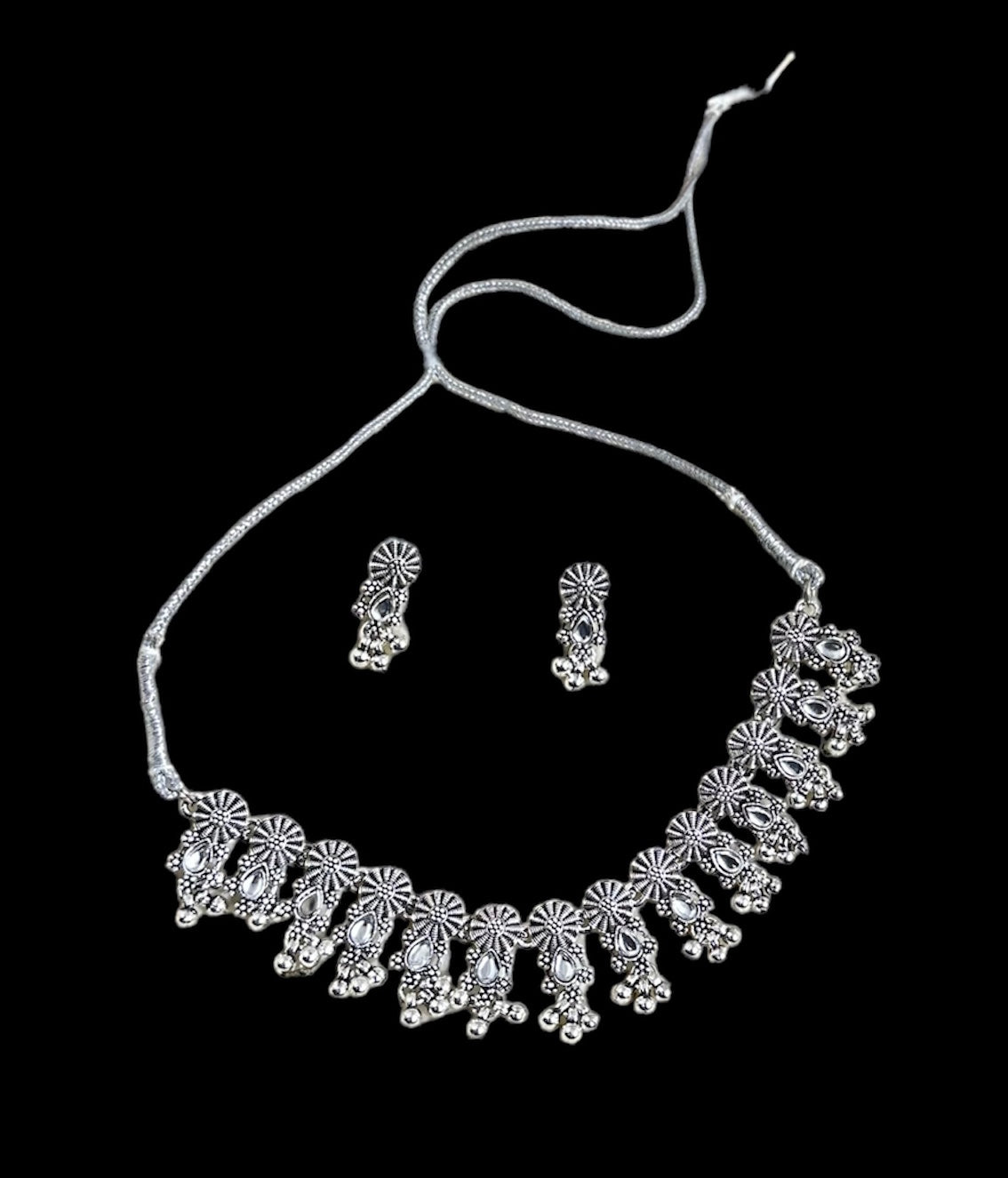 Oxidised Adjustable Drawstring Necklace Choker Set With Earrings