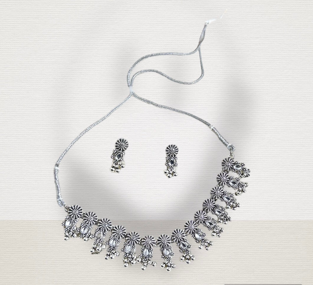 Oxidised Adjustable Drawstring Necklace Choker Set With Earrings