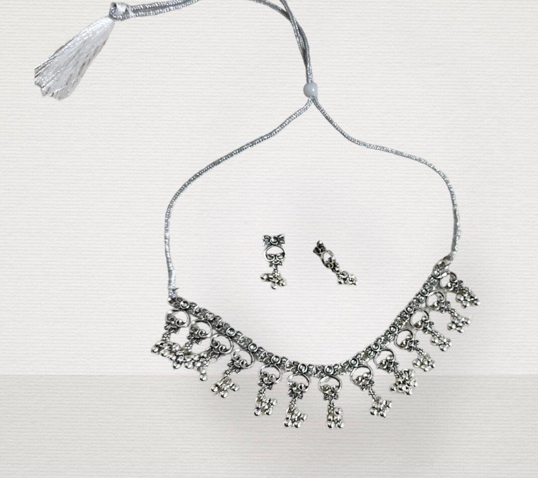 Oxidised Adjustable Drawstring Necklace Choker Set With Earrings