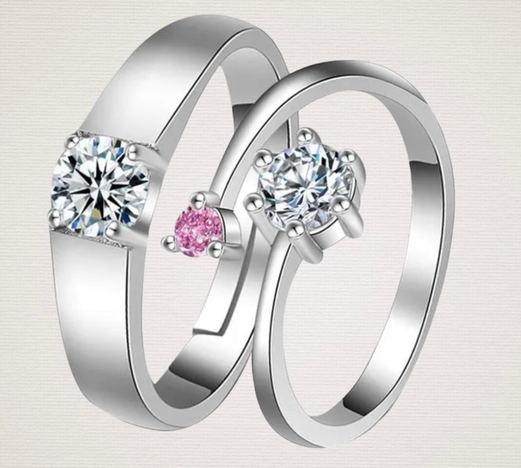 CZ Stones Studded Stainless Steel Adjustable Size Couple Ring Set