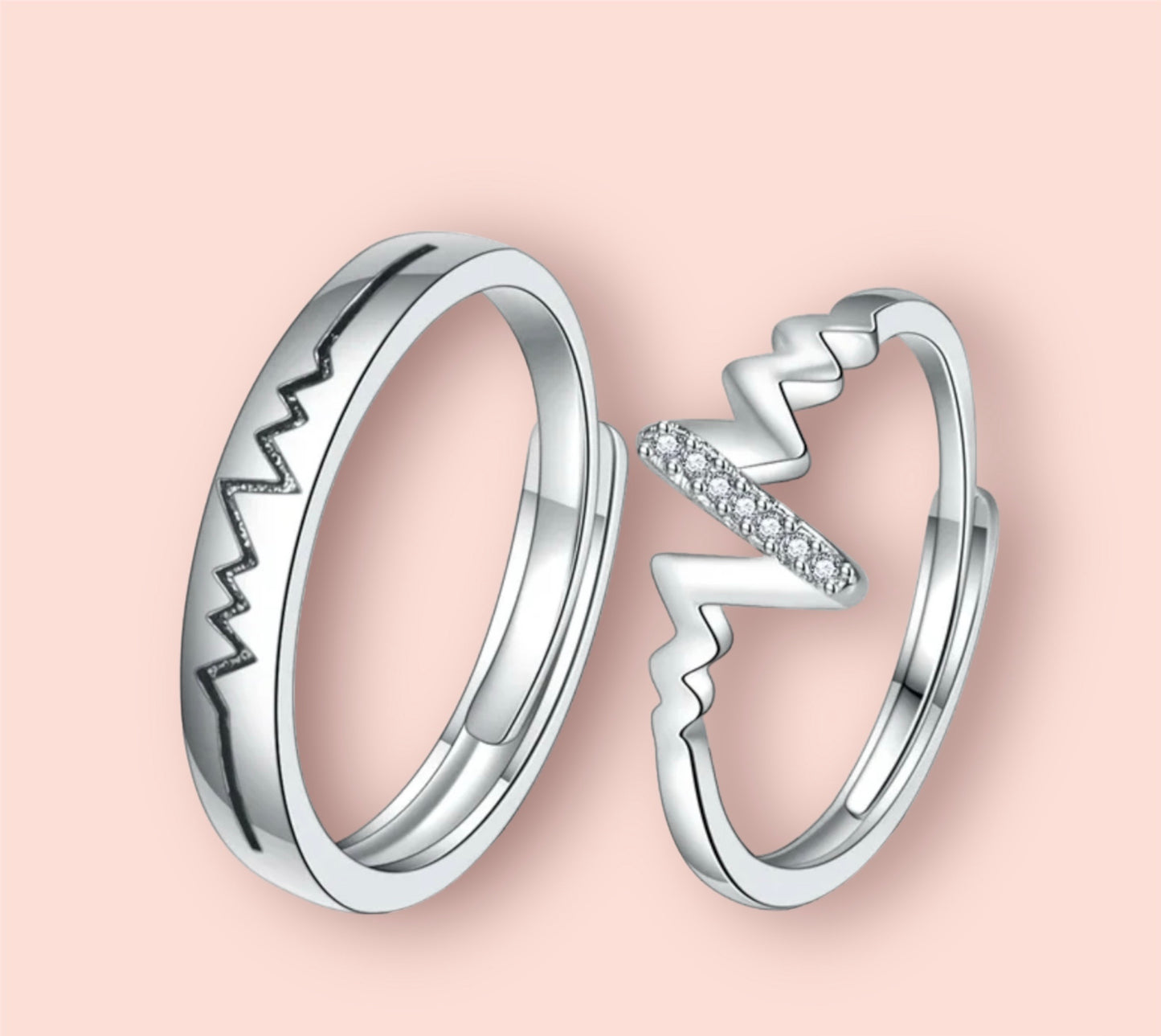 CZ Stones Studded Stainless Steel Adjustable Size Couple Ring Set