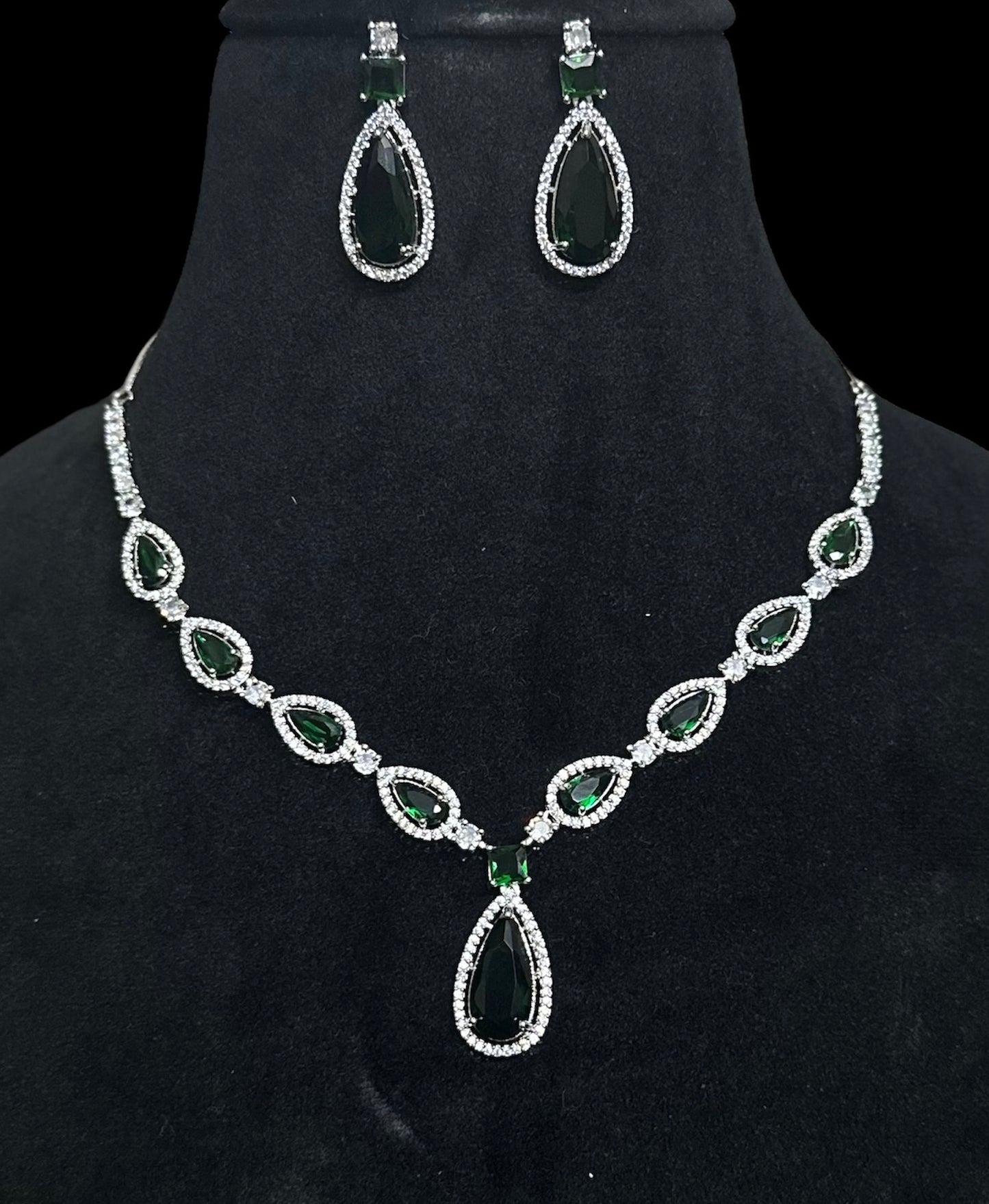 Premium CZ Stones Studded Green Necklace Choker Set With Heavy Look Drop Earrings