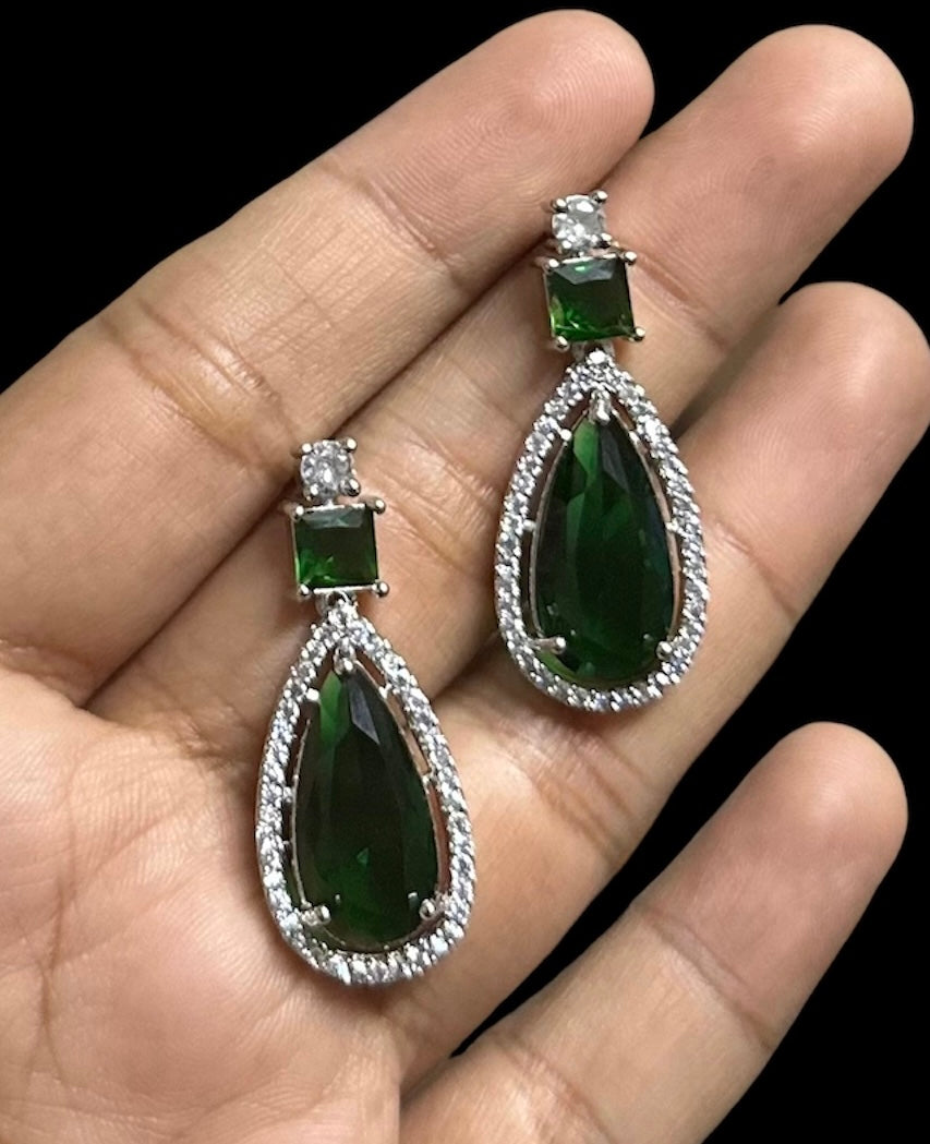 Premium CZ Stones Studded Green Necklace Choker Set With Heavy Look Drop Earrings