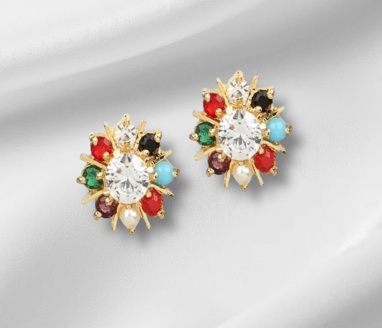 Premium Navratan Stones Style Push Plugs Studs Earrings