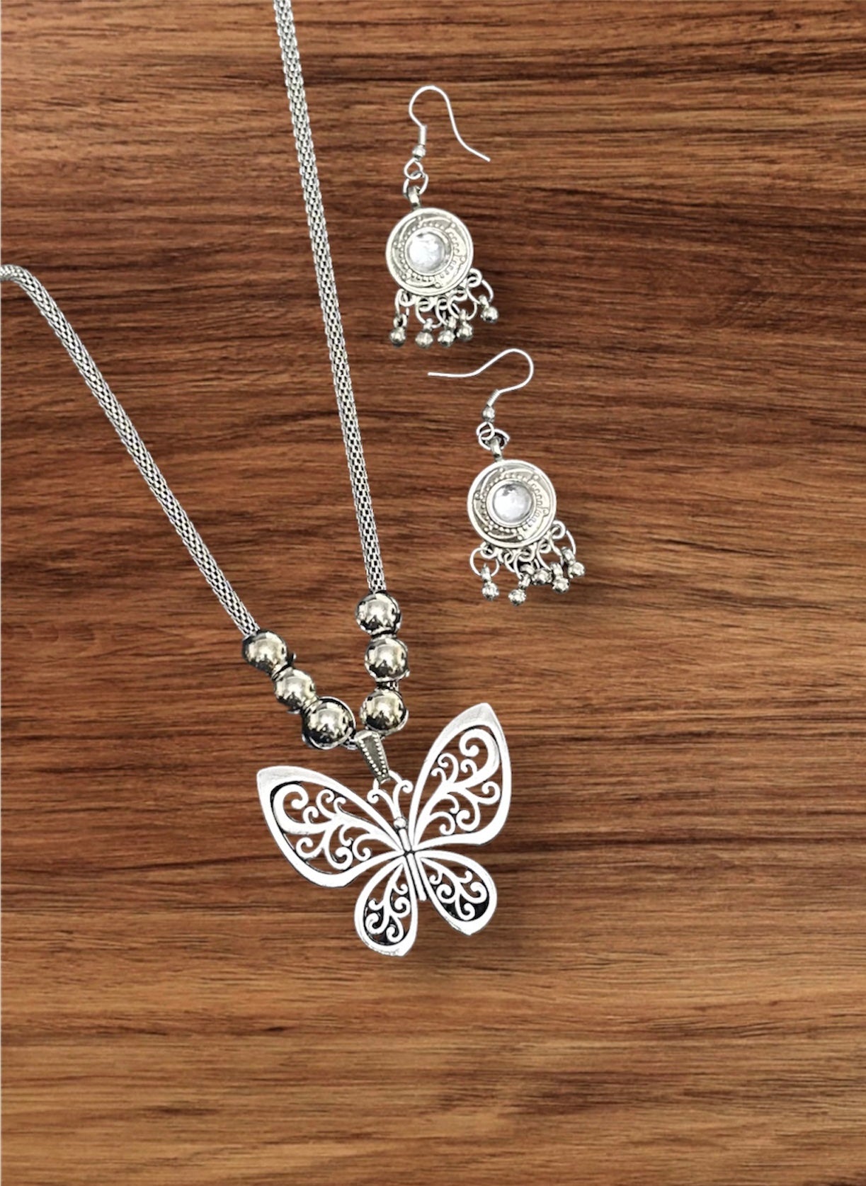 Oxidised Butterfly Necklace Pendent Set With Earrings