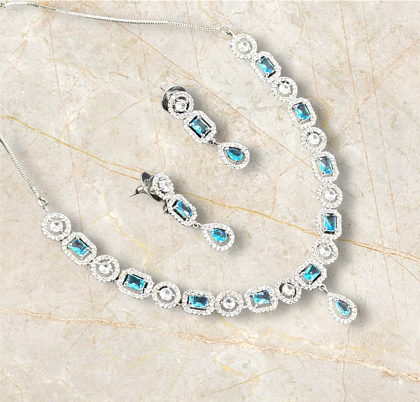 Premium CZ Stones Studded Necklace Choker Set With Drop Earrings