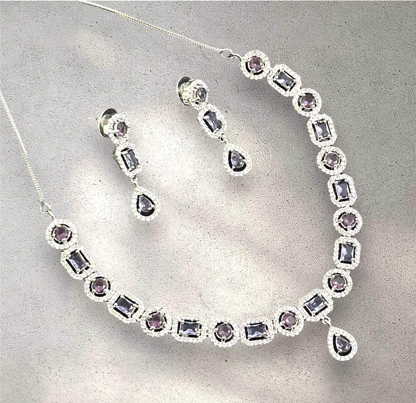 Premium CZ Stones Studded Necklace Choker Set With Drop Earrings