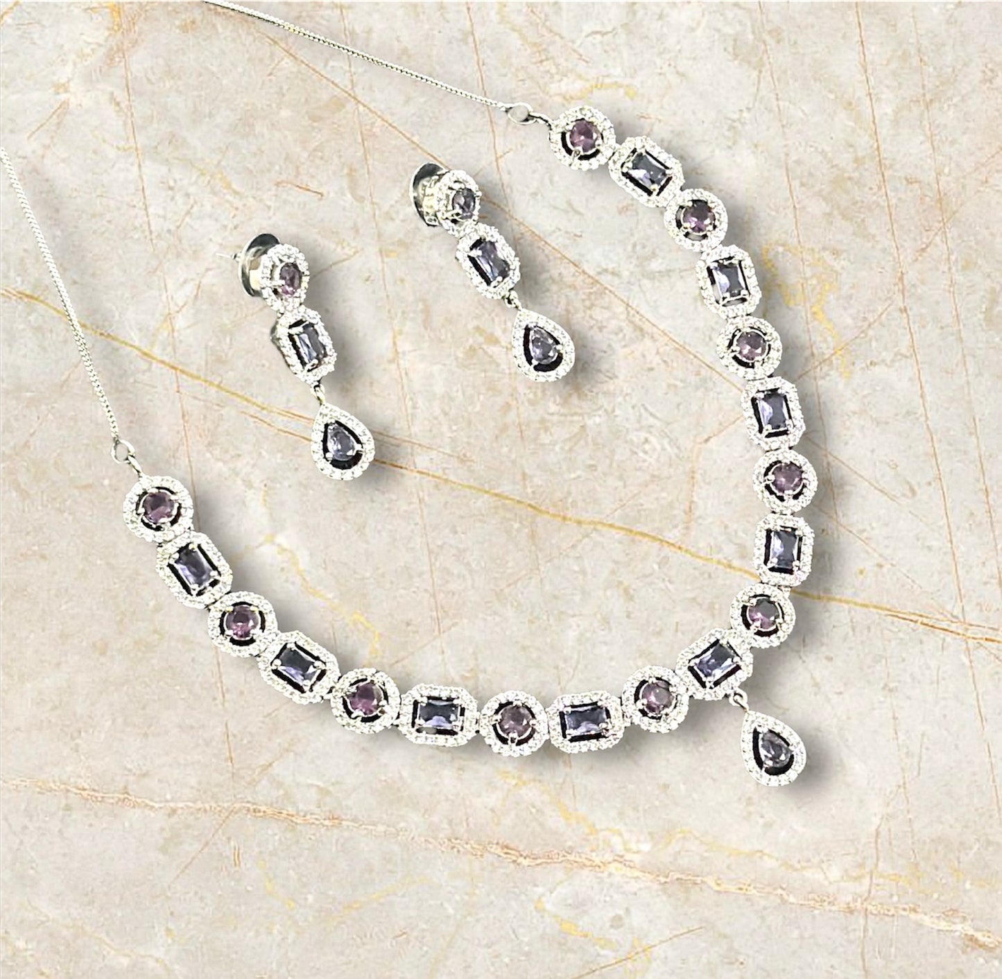 Premium CZ Stones Studded Necklace Choker Set With Drop Earrings