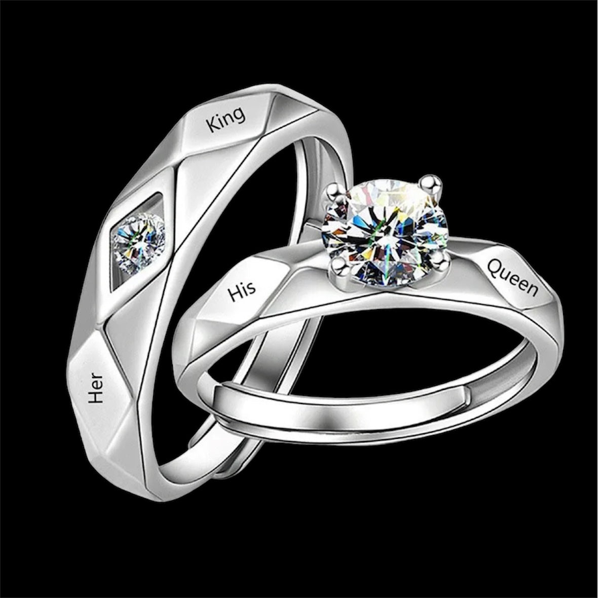 CZ Stones Studded Stainless Steel Adjustable Size Couple Ring Set