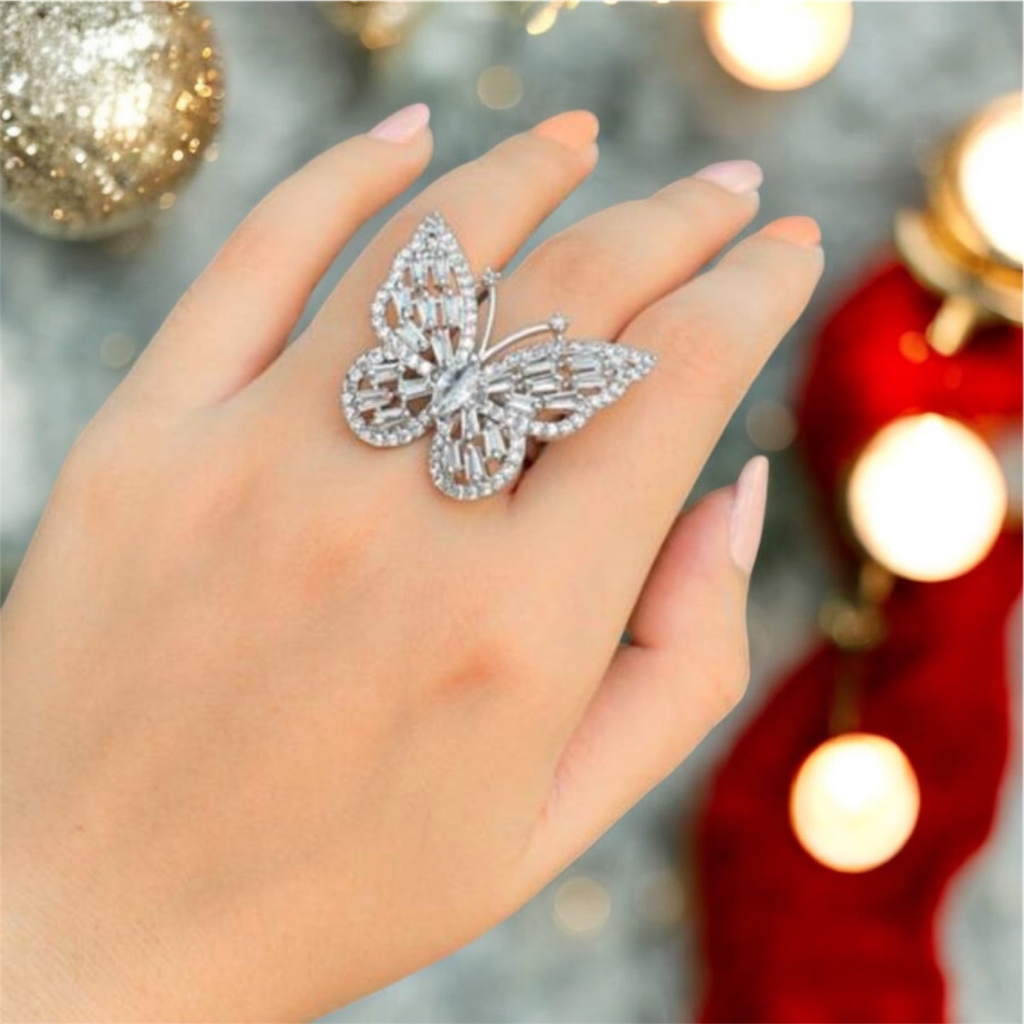 Premium CZ Stones Studded Butterfly American Diamond Adjustable Cocktail Ring