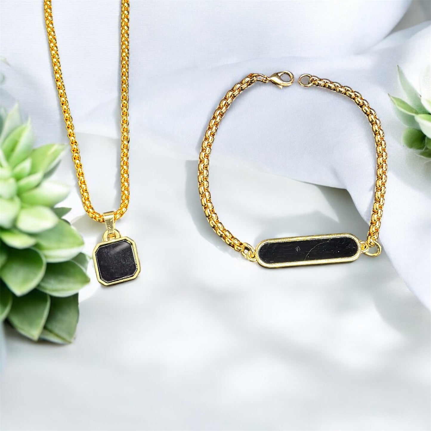Combo of Black Glass Long Pendant and Bracelet Set For Boys and Men