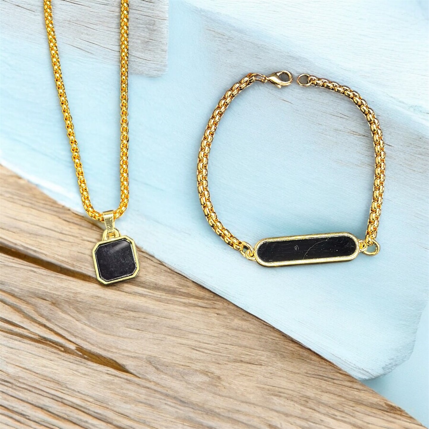 Combo of Black Glass Long Pendant and Bracelet Set For Boys and Men