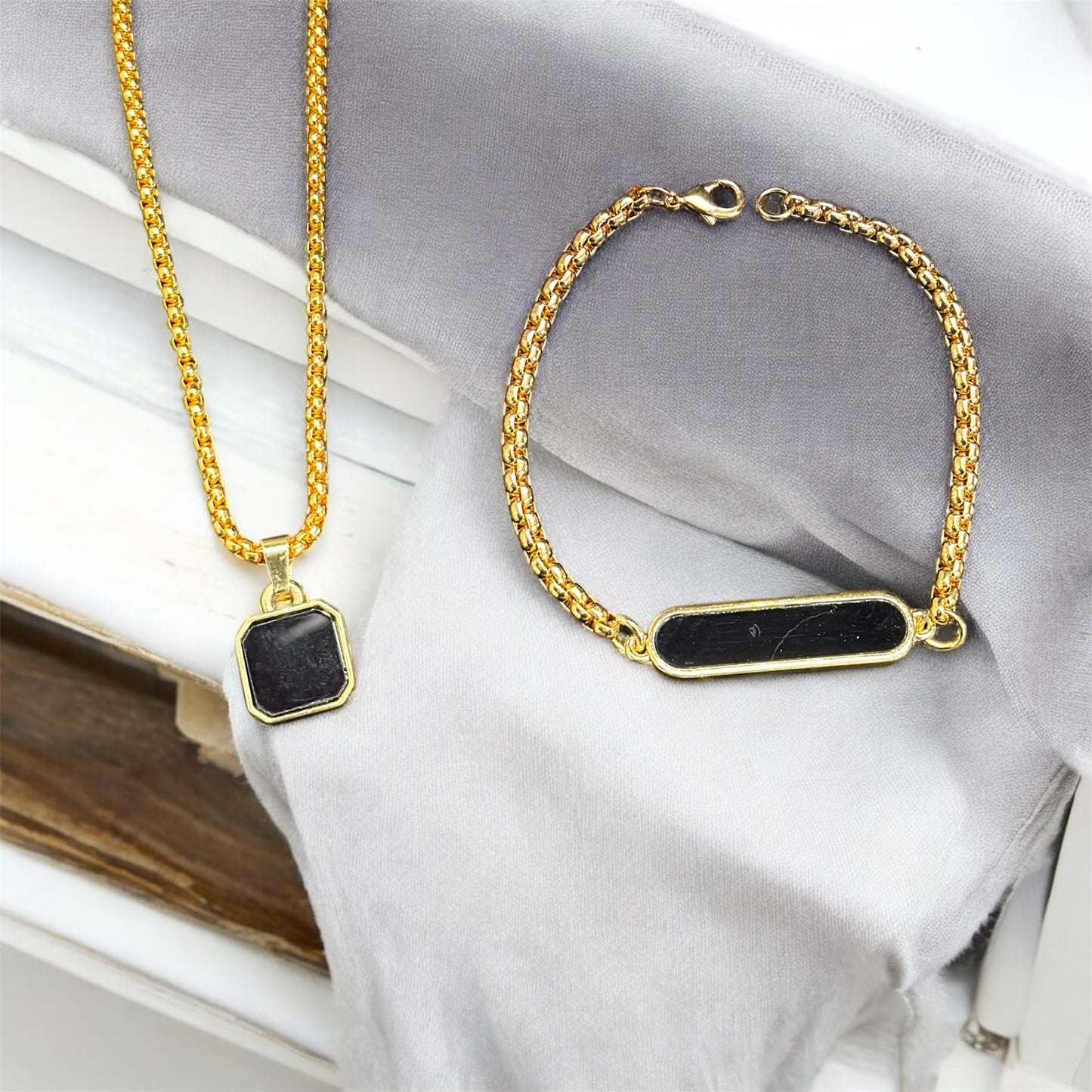 Combo of Black Glass Long Pendant and Bracelet Set For Boys and Men