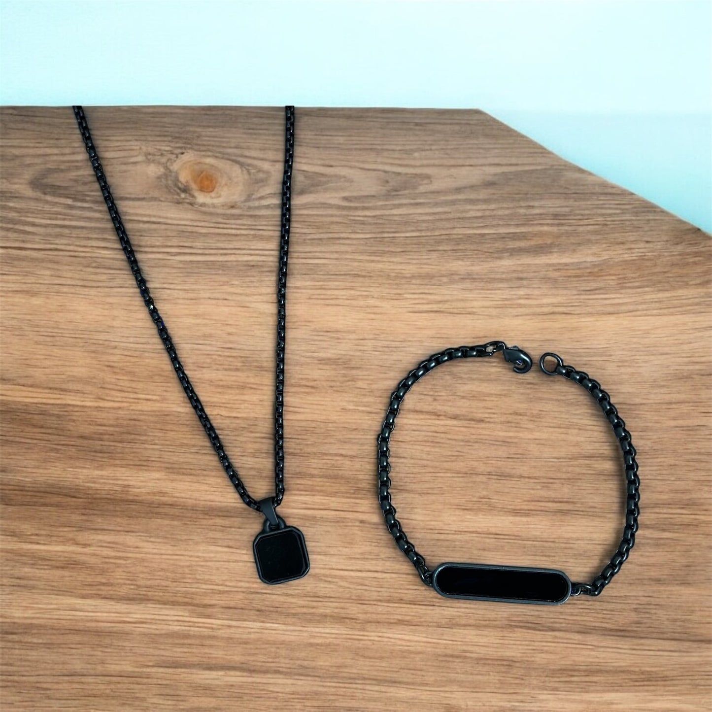 Combo of Black Glass Long Pendant and Bracelet Set For Boys and Men