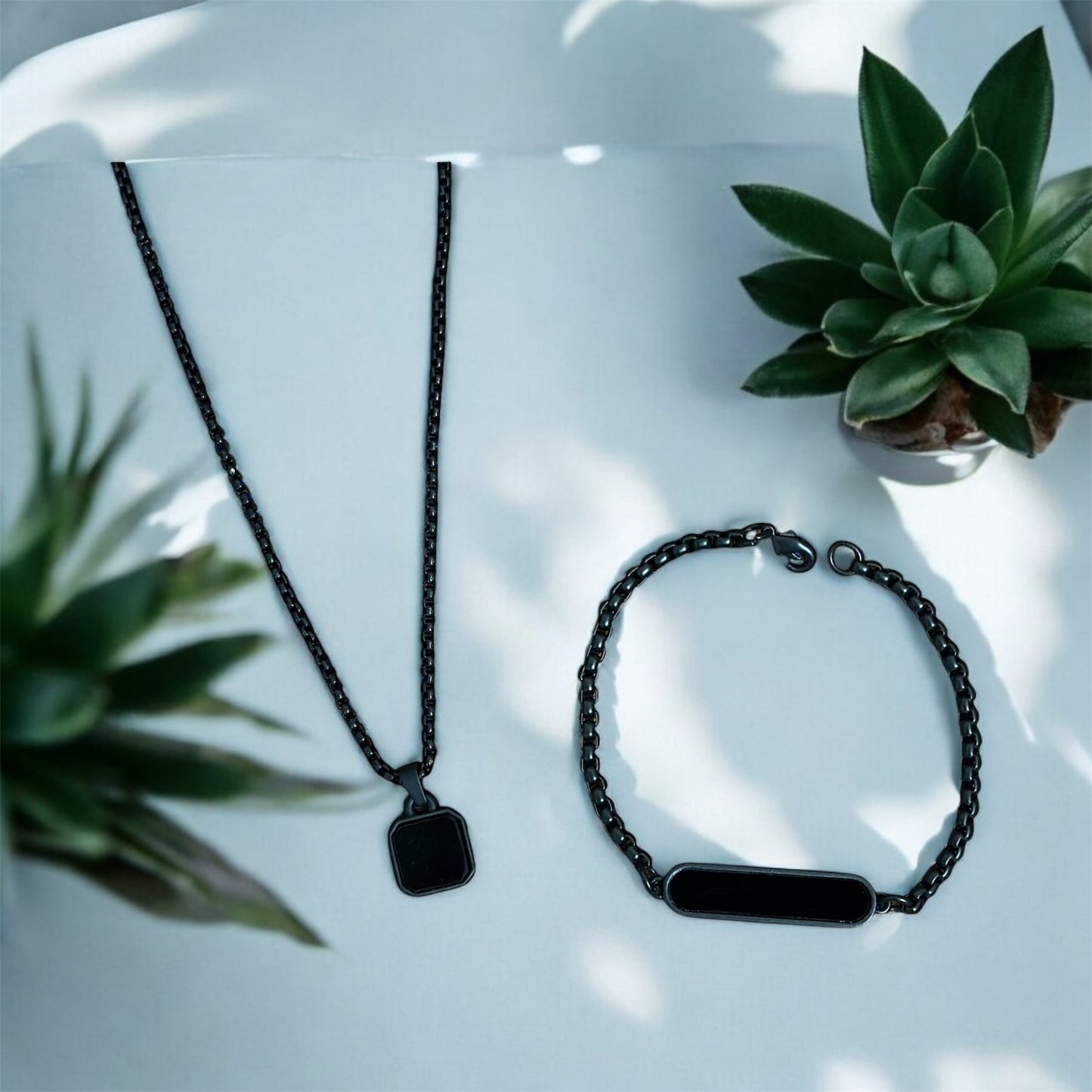Combo of Black Glass Long Pendant and Bracelet Set For Boys and Men