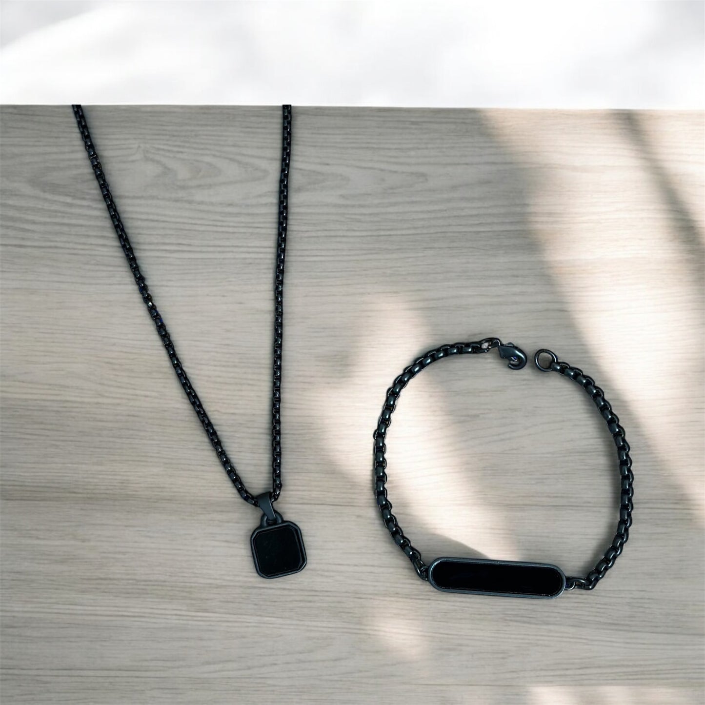Combo of Black Glass Long Pendant and Bracelet Set For Boys and Men