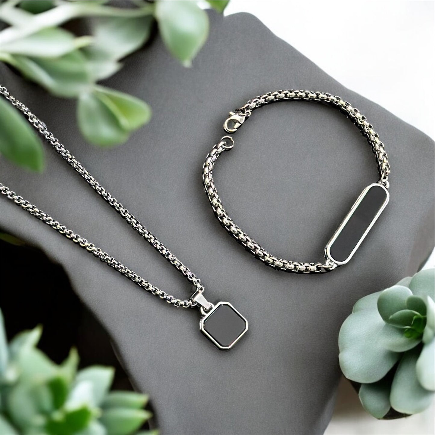 Combo of Black Glass Long Pendant and Bracelet Set For Boys and Men