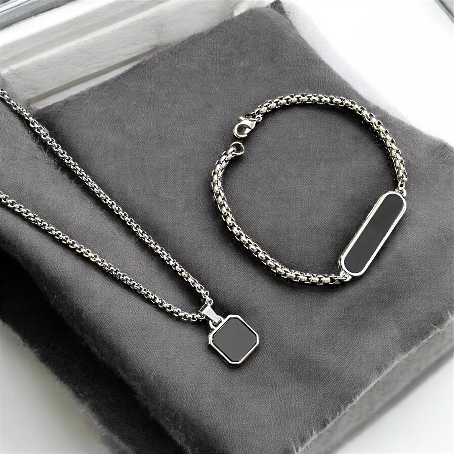 Combo of Black Glass Long Pendant and Bracelet Set For Boys and Men