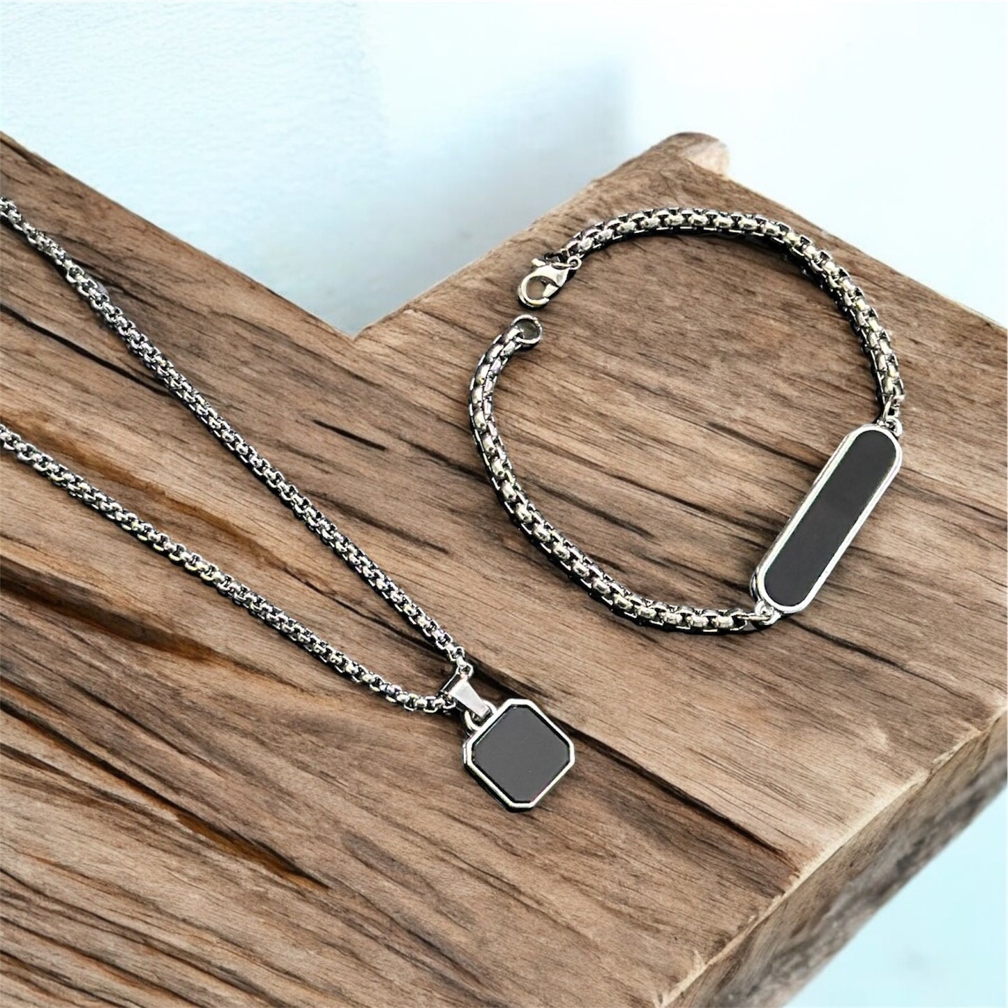 Combo of Black Glass Long Pendant and Bracelet Set For Boys and Men