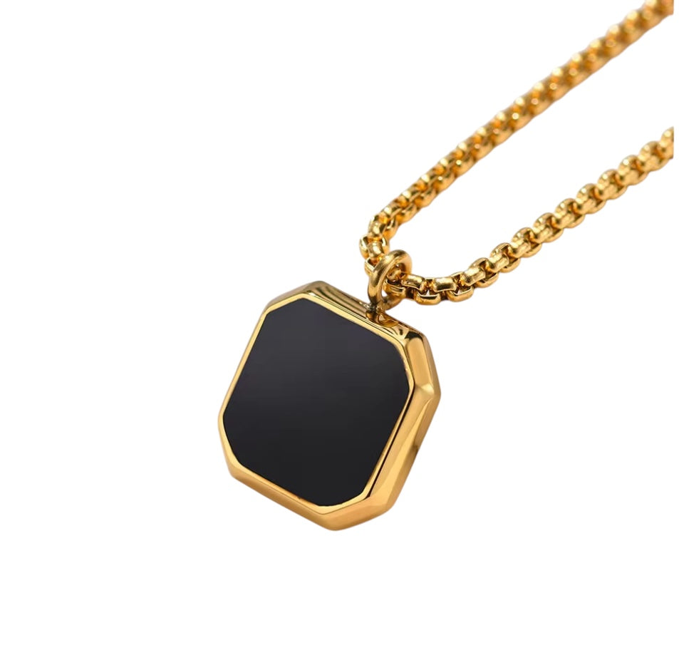 Minimal Black Glass Cut Square Shaped Necklace Pendent Chain