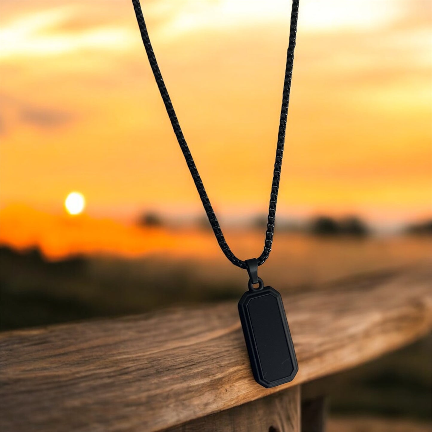 Rectangular Black Glass Cut Necklace Pendent Chain