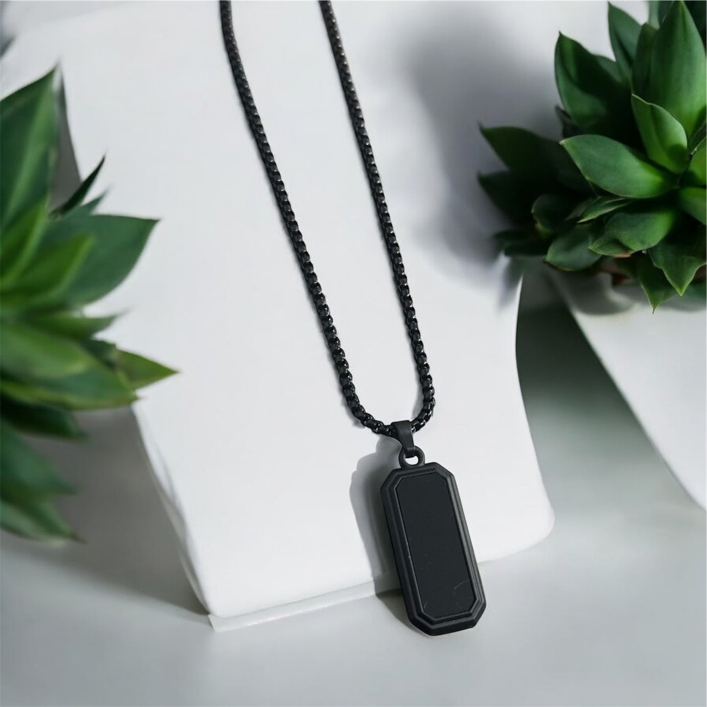 Rectangular Black Glass Cut Necklace Pendent Chain