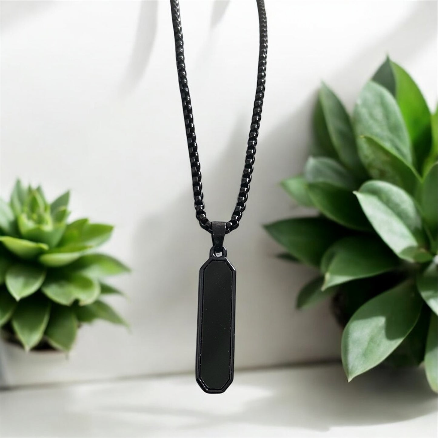 Cylindrical Shape Black Glass Cut Minimal Necklace Pendent Chain