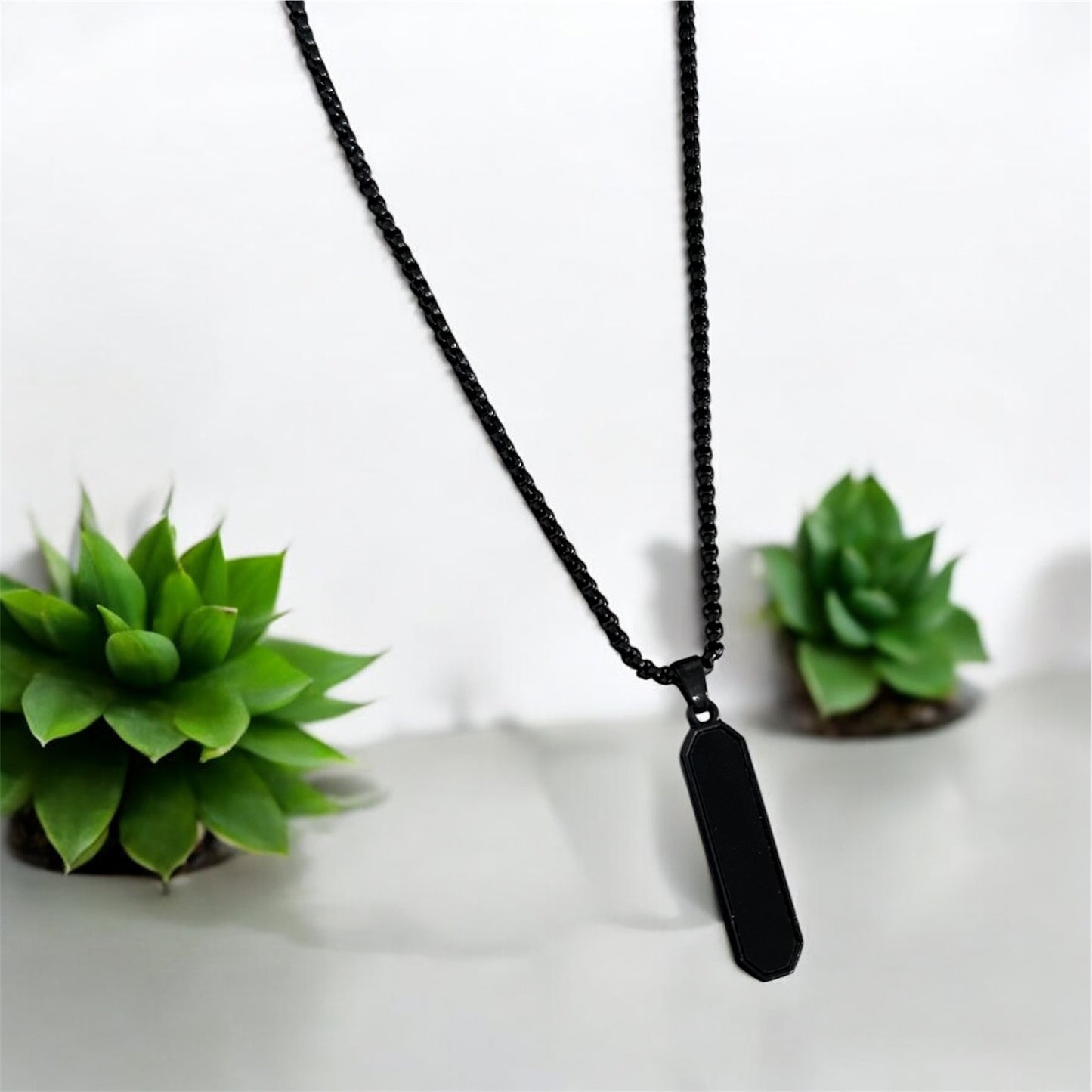 Cylindrical Shape Black Glass Cut Minimal Necklace Pendent Chain