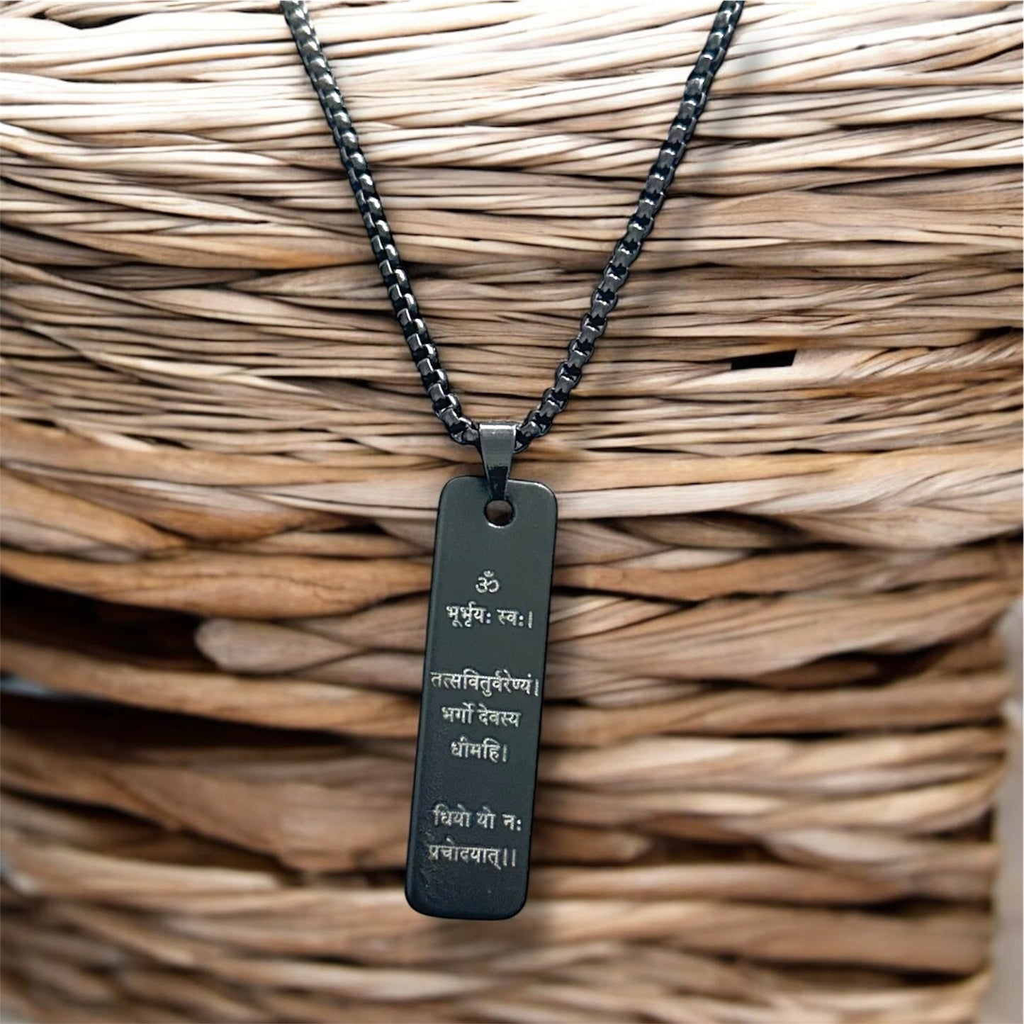 Spiritual Hindi Gayatri Mantra Written On Black Bar Pendent Necklace Chain