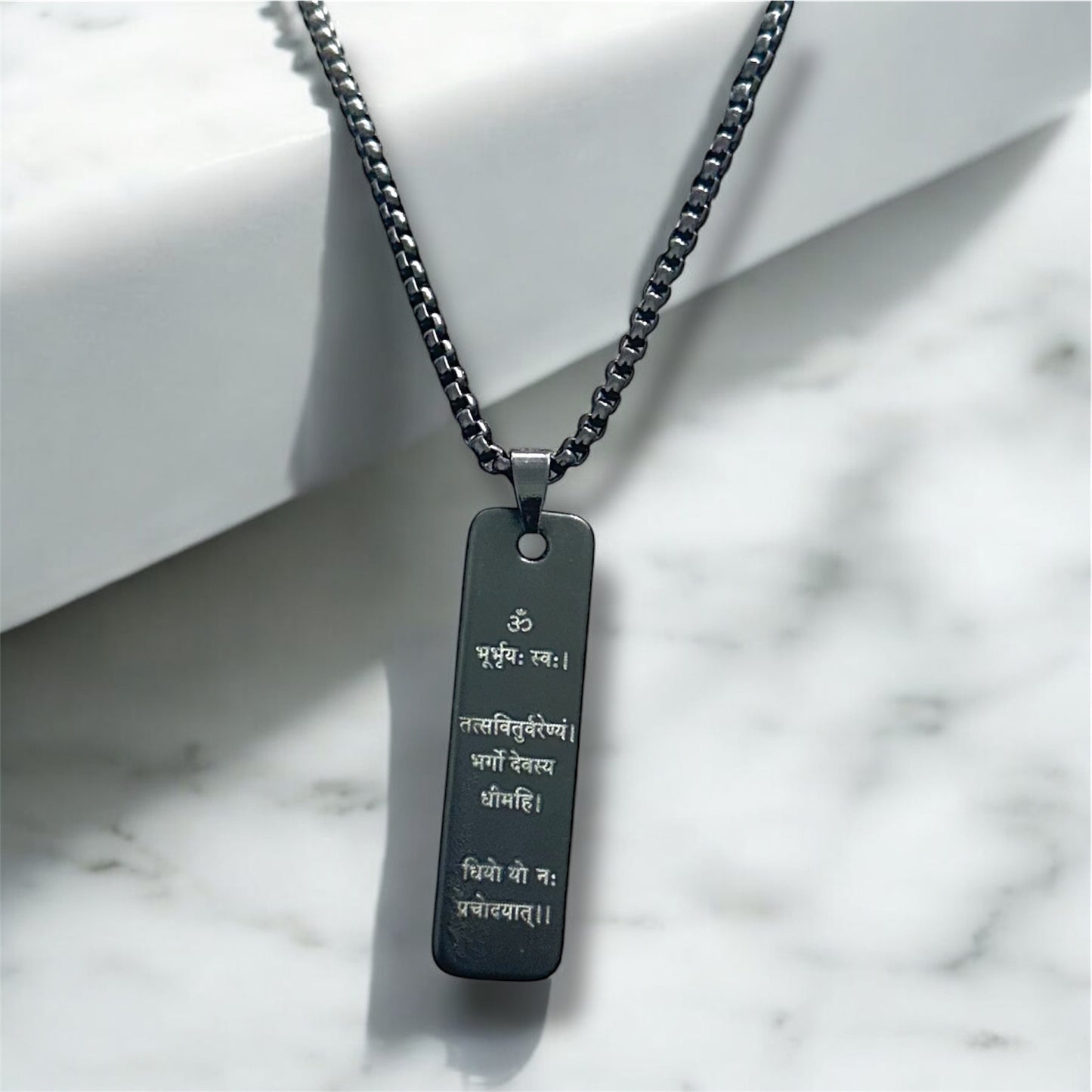 Spiritual Hindi Gayatri Mantra Written On Black Bar Pendent Necklace Chain