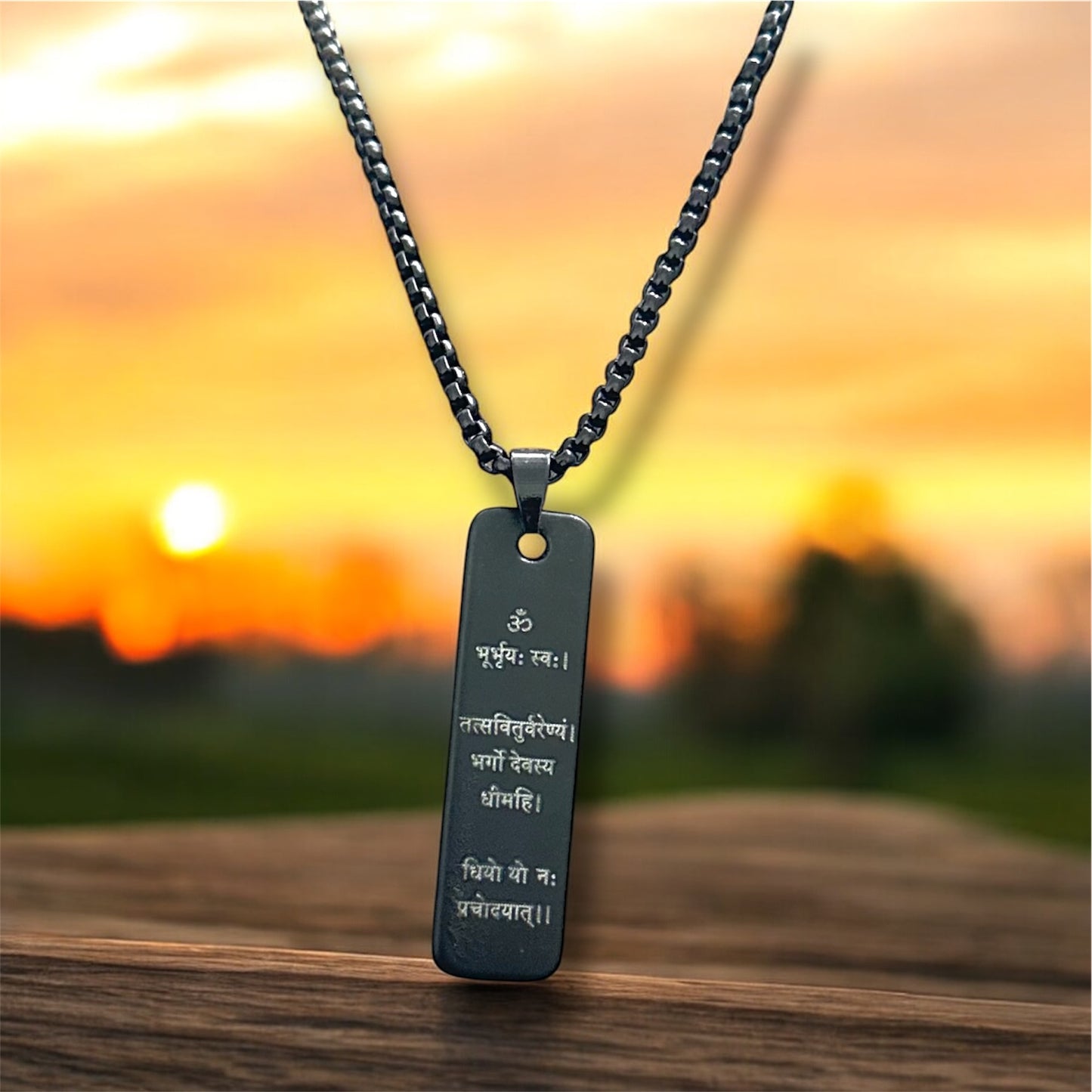 Spiritual Hindi Gayatri Mantra Written On Black Bar Pendent Necklace Chain