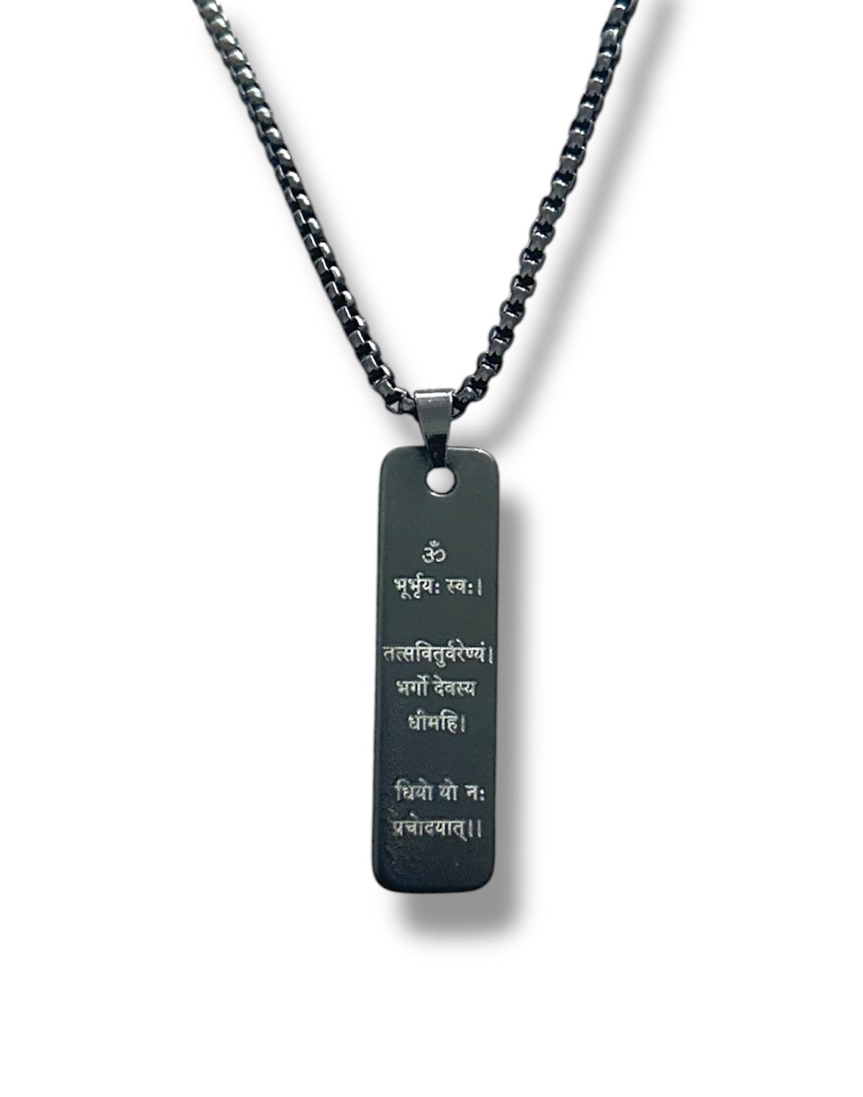 Spiritual Hindi Gayatri Mantra Written On Black Bar Pendent Necklace Chain