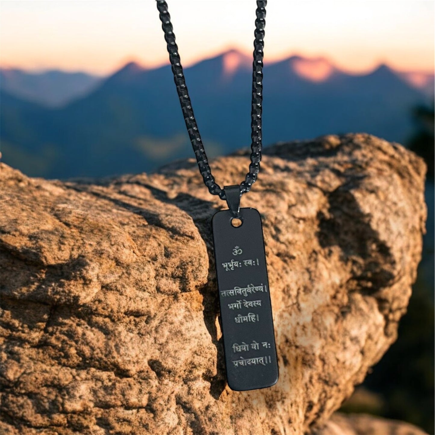Spiritual Hindi Gayatri Mantra Written On Black Bar Pendent Necklace Chain