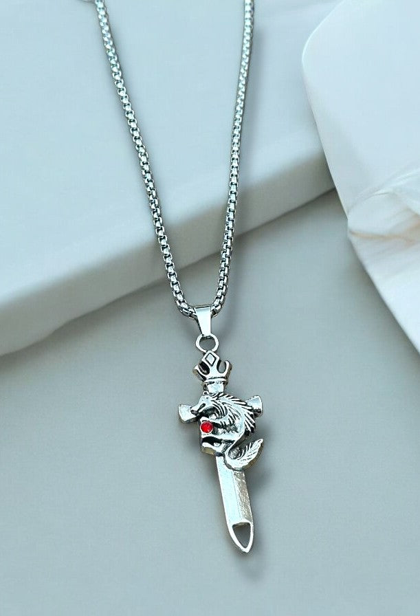 Wolf Sword Stones Studded Western Necklace Pendent Chain