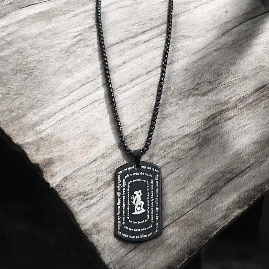 Hanuman Chalisa Chaupayi Digitally Micro Carved Black Stainless Steel Necklace Pendent Chain