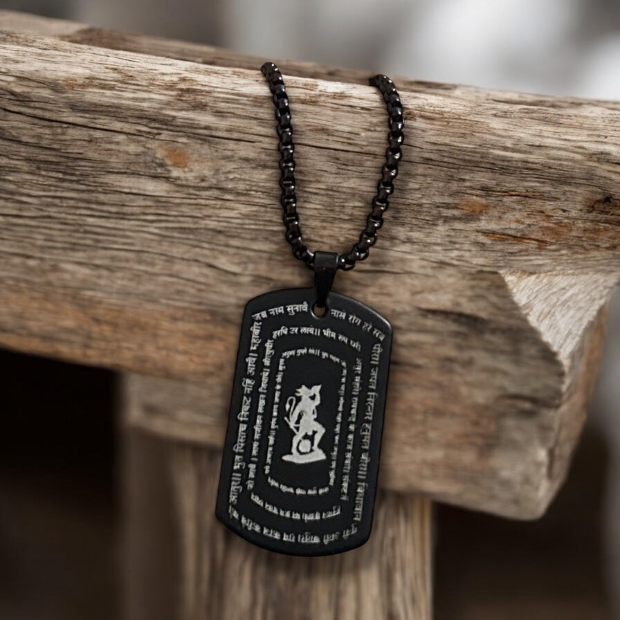 Hanuman Chalisa Chaupayi Digitally Micro Carved Black Stainless Steel Necklace Pendent Chain