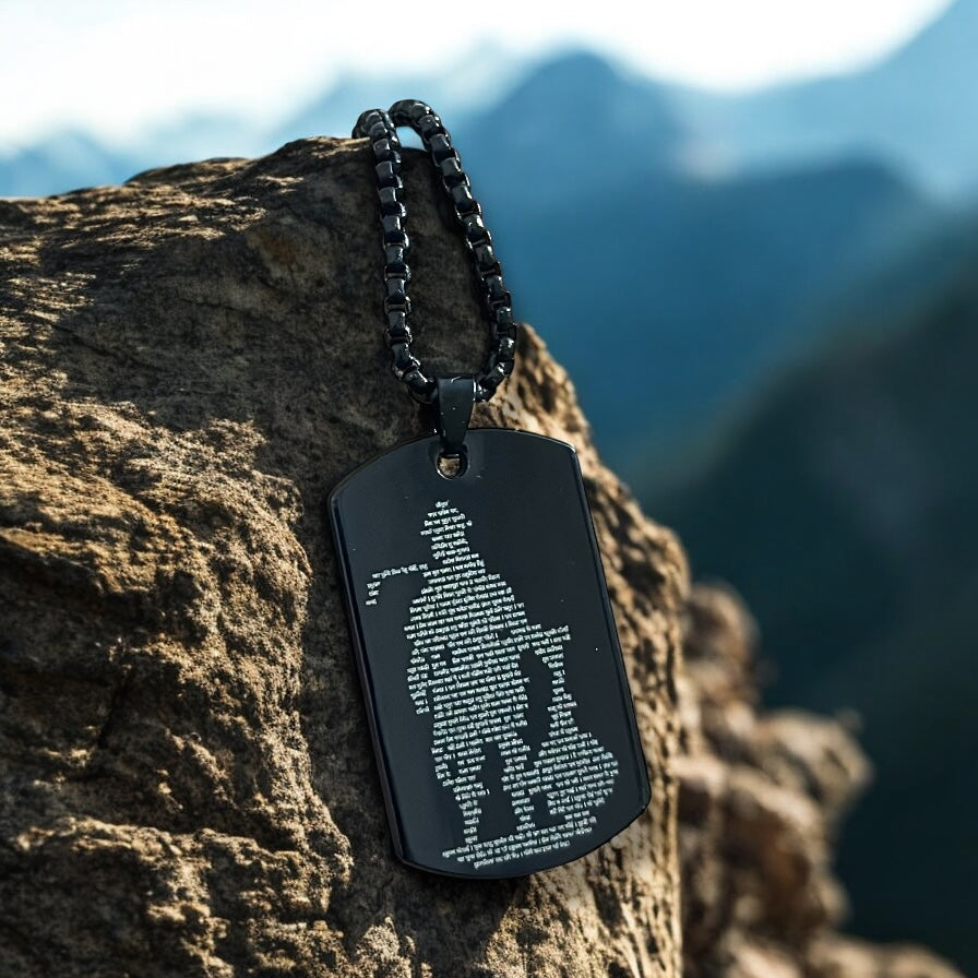 Hanuman Ji and Gada Digitally Micro Carved Hanuman Chalisa Black Stainless Steel Necklace Pendent Chain