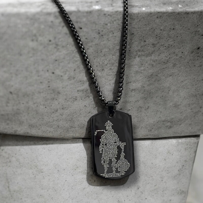 Hanuman Ji and Gada Digitally Micro Carved Hanuman Chalisa Black Stainless Steel Necklace Pendent Chain