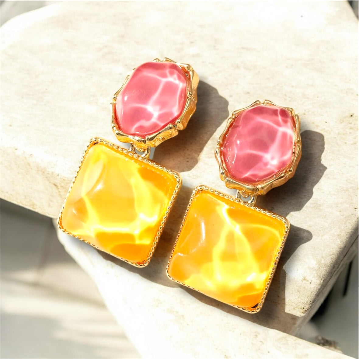 Tropical Sunset Resin Drop Earrings – Bold Pink & Yellow Statement Jewelry