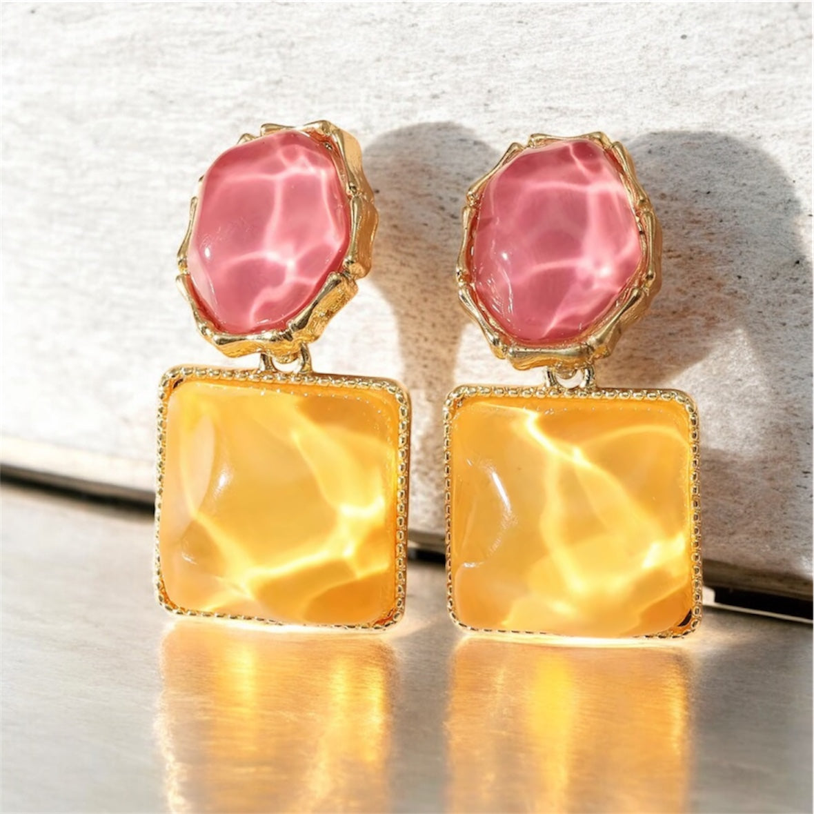 Tropical Sunset Resin Drop Earrings – Bold Pink & Yellow Statement Jewelry