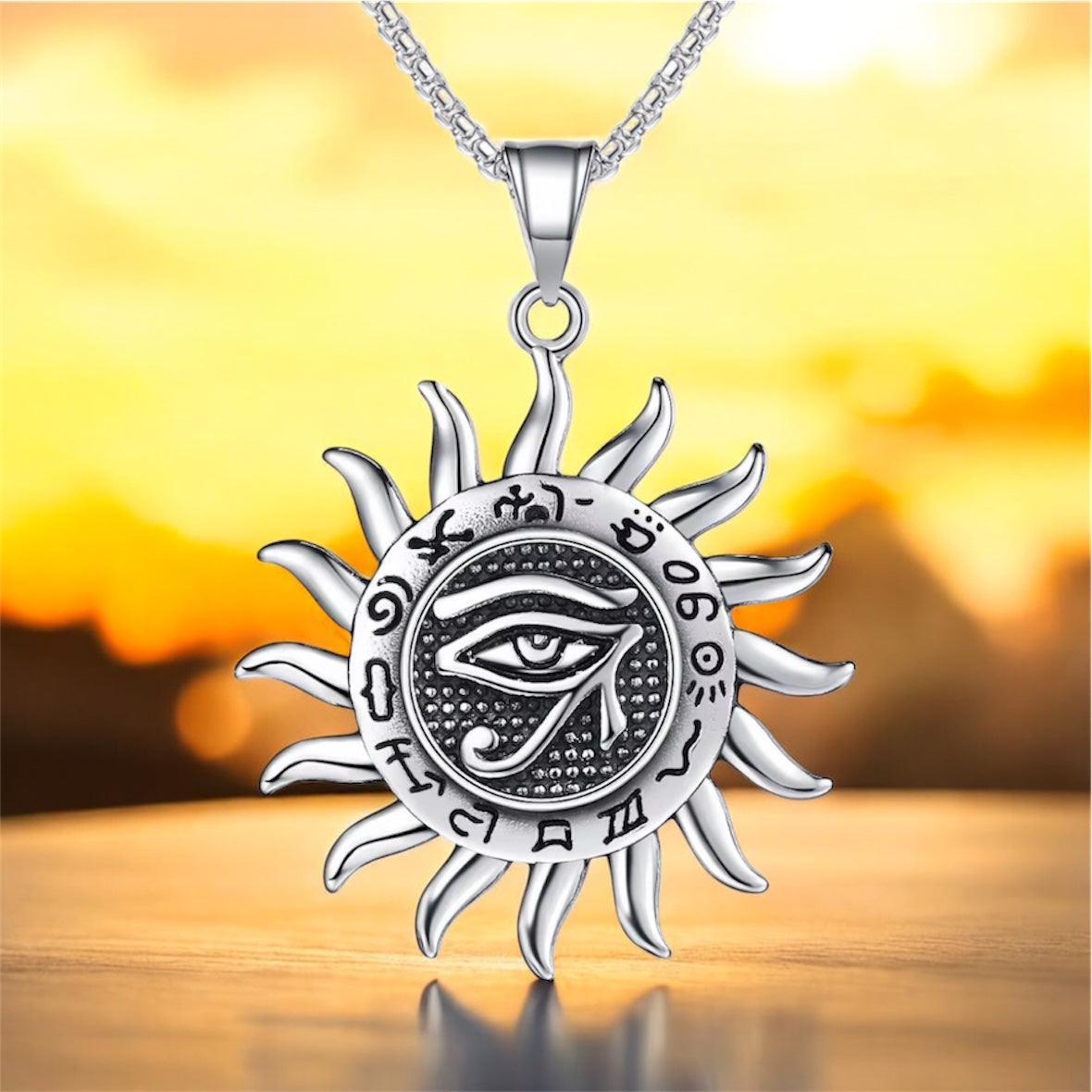Eye of Horus Sun Pendant Necklace – Stainless Steel Egyptian Amulet Jewelry