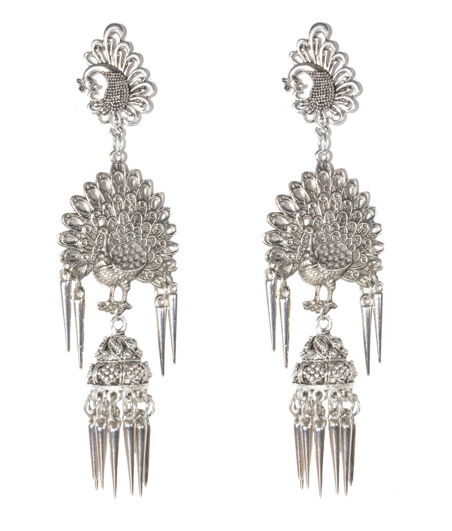 Oxidised Silver Heavy Peacock Style Push Plugs Long Earrings