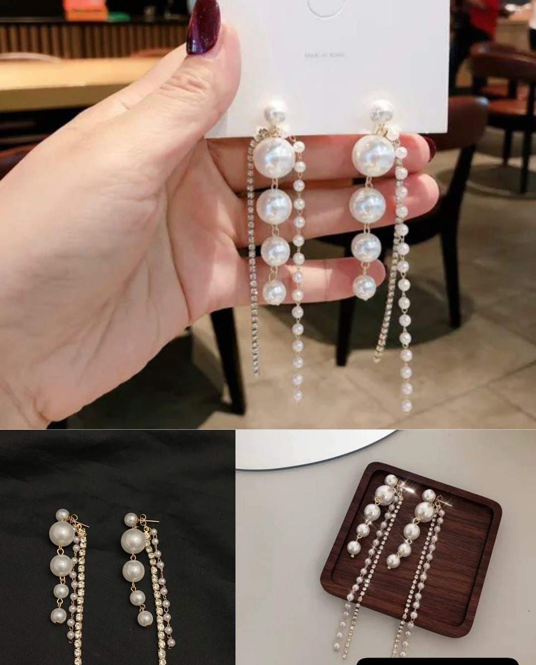 Long Pearl and AD Stones Studded Korean Push Plugs Hangings Earrings