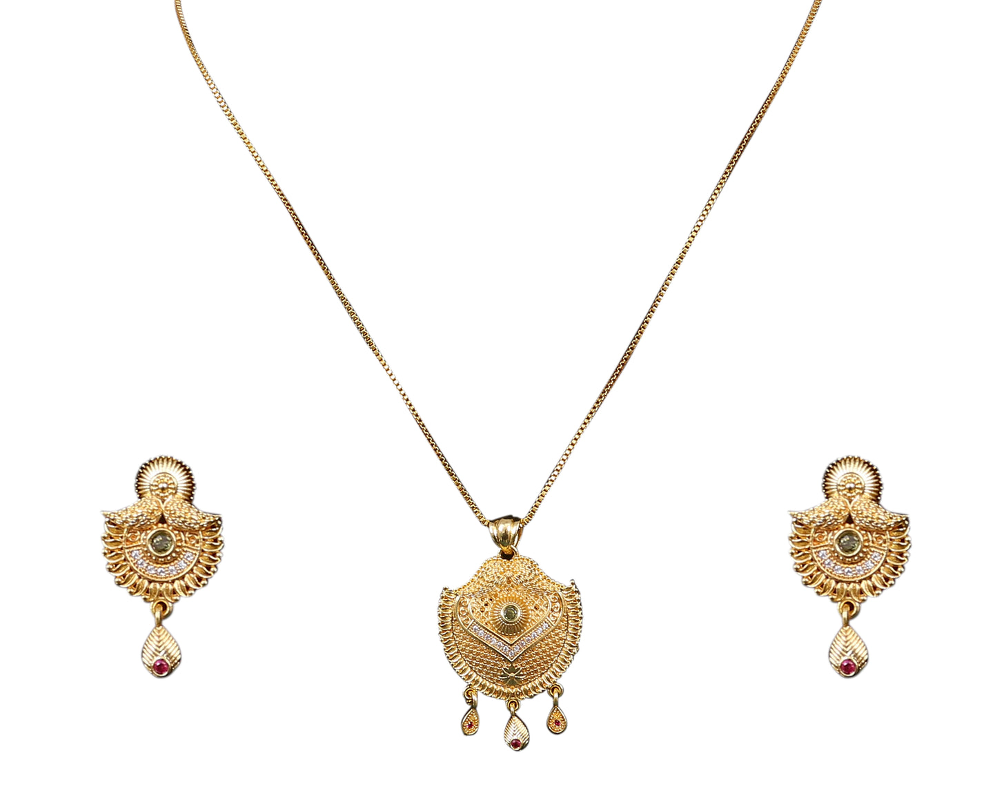 Minimal Style Sleek Golden Stones Studded Necklace Pendent Set With Earrings