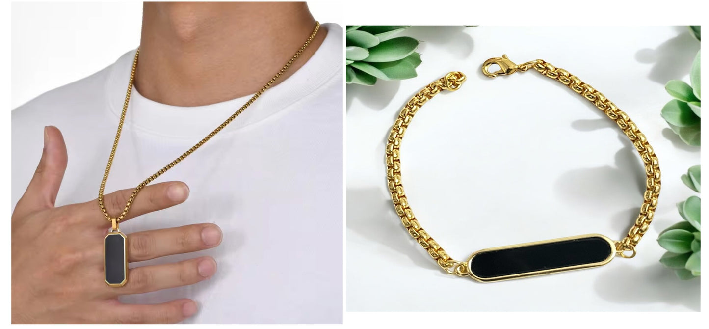 Combo of Minimal Black Glass Cut Bracelet and Necklace Pendent  Chain