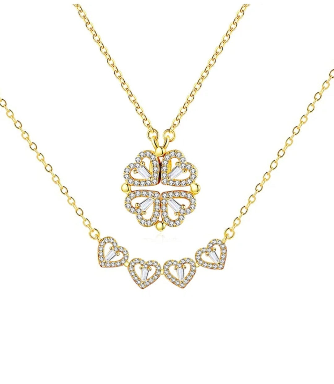 Anti Tarnish Mangnetic Elegant Heart & Clover Golden Necklace Set with Crystal Accents Chain