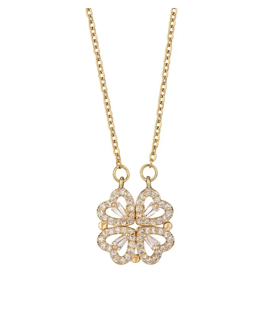 Anti Tarnish Mangnetic Elegant Heart & Clover Golden Necklace Set with Crystal Accents Chain