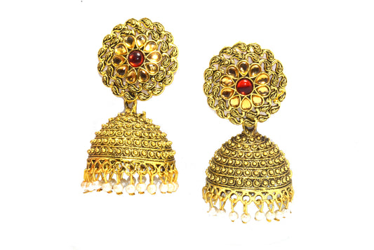 Stones Studded Dome Style Golden Jhumki Drop Push Plugs Earrings