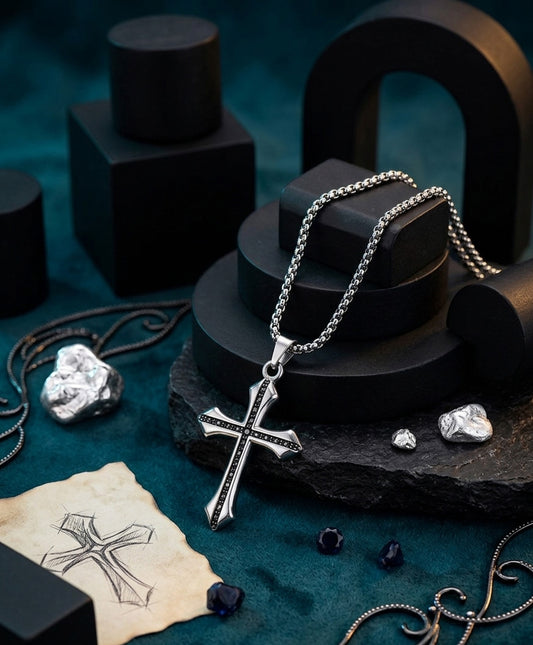 Vintage Gothic Cross Pendant Necklace for Men & Women | Stainless Steel Black Stone Cross Chain | Unisex Fashion Jewelry