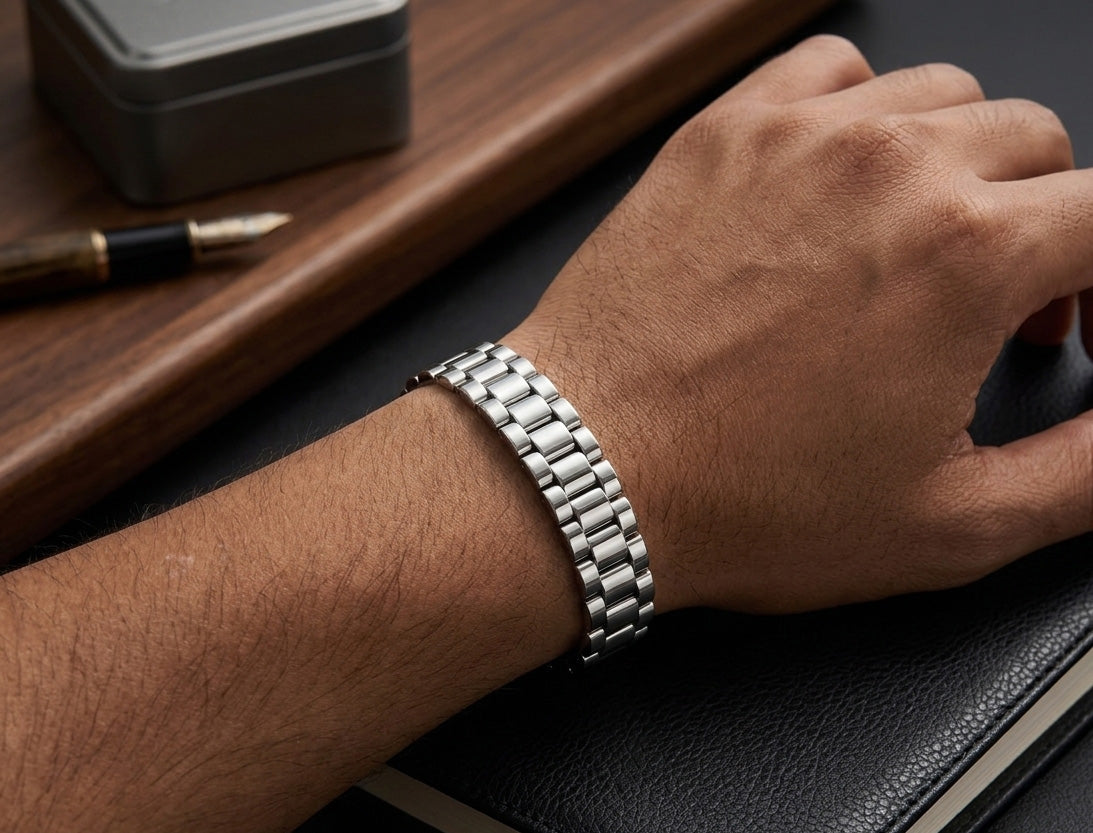 Men's Stainless Steel Link Bracelet | Silver Tone Metal Chain Bracelet with Folding Clasp